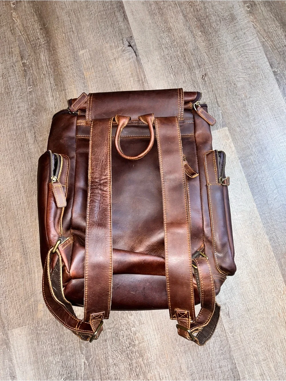 Men’s leather backpack travel bag unbranded heavy duty rugged weekender brown